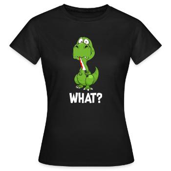What Dinosaur Dino with knife in hand - Women's T-Shirt - black - Front - AI Model Female 172 dark (172cm)