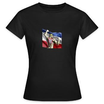 Muskelmann hält Serbische Flagge - Frauen T-Shirt - Schwarz - Vorne - AI Model Female 172 dark (172cm)