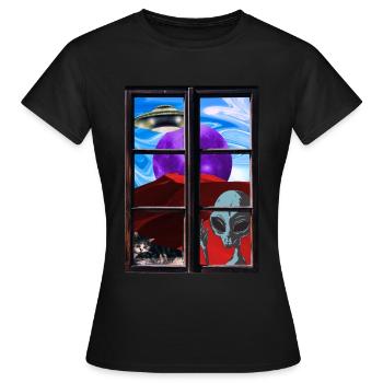 Strange alien cat UFO - Women's T-Shirt - black - Front - AI Model Female 172 dark (172cm)