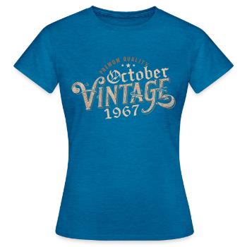 Octobre Cadeau D'anniversaire | Né en Octobre 1967 - T-shirt Femme - bleu saphir antique chiné - Devant - AI Model Female 172 dark (172cm)