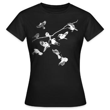 Birds, branches, titmice, swarm, white, illustration - Women's T-Shirt - black - Front - AI Model Female 172 dark (172cm)