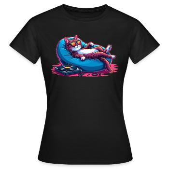 Katze & Musik, Bunte Digitale Kunst Katze - Frauen T-Shirt - Schwarz - Vorne - AI Model Female 172 dark (172cm)