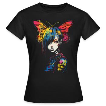Anime Papillon Texte Coloré Graphique Femmes Anim - T-shirt Femme - noir - Devant - AI Model Female 172 dark (172cm)