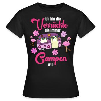 Camping Camperin Verrückte Flamingo Wohnwagen - Frauen T-Shirt - Schwarz - Vorne - AI Model Female 172 dark (172cm)