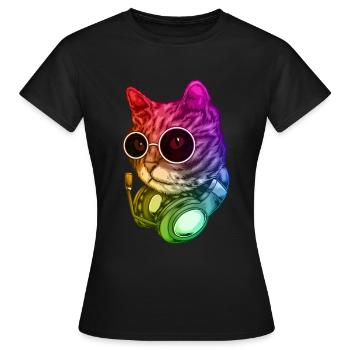 Bunte Musik Katze Kopfhörer Raver Tier - Frauen T-Shirt - Schwarz - Vorne - AI Model Female 172 dark (172cm)
