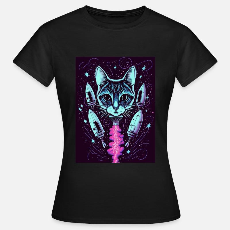 Cat Space Astronaut Space Neon Rockets - Women's T-Shirt - black