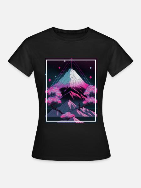 Japan Cherry Blossom Mountains Neon Retro Fable Fantasy - Women's T-Shirt - black