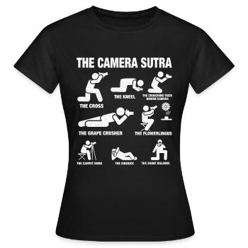 The Camera Sutra – Funny Photography Poses - Women's T-Shirt - black - Front - AI Model Female 172 dark (172cm)