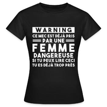 Cadeau Humour couple homme, Femme jalouse danger - T-shirt Femme - noir - Devant - AI Model Female 172 dark (172cm)