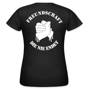 Freundschaftslogo Hand in Hand - Frauen T-Shirt - Schwarz - Hinten - AI Model Female 172 dark (172cm)