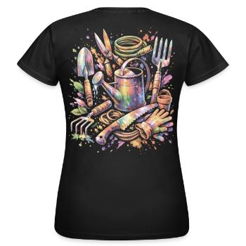 Aquarell-Gartenwerkzeuge Mehrfarbige Splash Art - Frauen T-Shirt - Schwarz - Hinten - AI Model Female 172 dark (172cm)