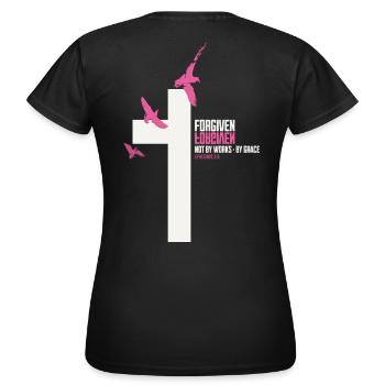 FORGIVEN Kreuz Tauben Pink Weiß Vers - Frauen T-Shirt - Schwarz - Hinten - AI Model Female 172 dark (172cm)