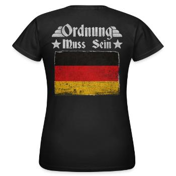 Ordnung muss sein – Deutschland Retro Flagge - Frauen T-Shirt - Schwarz - Hinten - AI Model Female 172 dark (172cm)