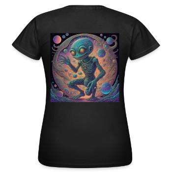 Der faszinierende Alien im bunten Kosmos - Frauen T-Shirt - Schwarz - Hinten - AI Model Female 172 dark (172cm)