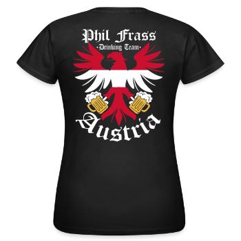 Sauf Trikot Österreich Drinking Team, Phil Frass - Frauen T-Shirt - Schwarz - Hinten - AI Model Female 172 dark (172cm)