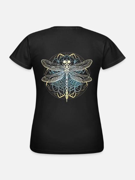 Libelle mit weißem Ornament - Heilige Geometrie - Frauen T-Shirt - Schwarz