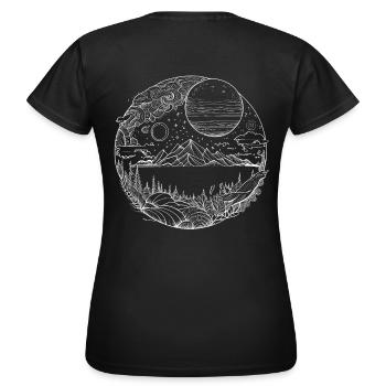 Le paysage psychédélique comme graphisme au trait fin - T-shirt Femme - noir - Dos - AI Model Female 172 dark (172cm)