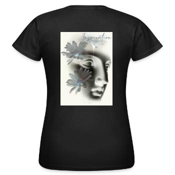 Yvo Tattoo, beige, bleu, fleurs, buste - T-shirt Femme - noir - Dos - AI Model Female 172 dark (172cm)