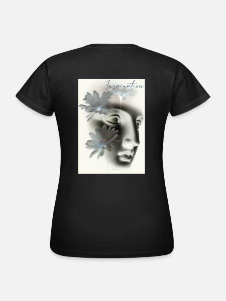 Yvo Tattoo, beige, blue, Blumen, Büste - Frauen T-Shirt - Schwarz
