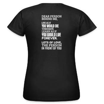 dear person behind me - freude positives denken - Frauen T-Shirt - Schwarz - Hinten - AI Model Female 172 dark (172cm)