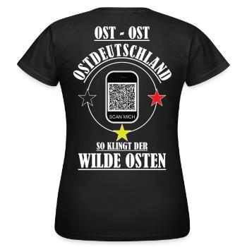Geschenk für Ossis (mit funktionsfähigen QR-Code) - Frauen T-Shirt - Schwarz - Hinten - AI Model Female 172 dark (172cm)