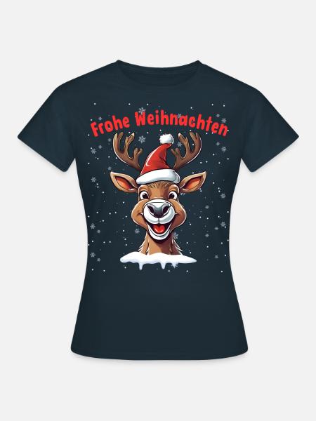 Frohe Weihnachten Rentier Mit Weihnachtsmütze - Frauen T-Shirt - Navy
