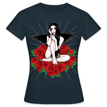 Schwarz Engel rote Rosen Fantasy himmlisch Dark - Frauen T-Shirt - Navy - Vorne - AI Model Female 172 dark (172cm)