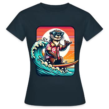 Casual otter on surfboard with sunglasses - Women's T-Shirt - navy - Front - AI Model Female 172 dark (172cm)