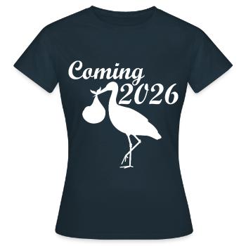 Announcement 2026 with stork motif - Women's T-Shirt - navy - Front - AI Model Female 172 dark (172cm)