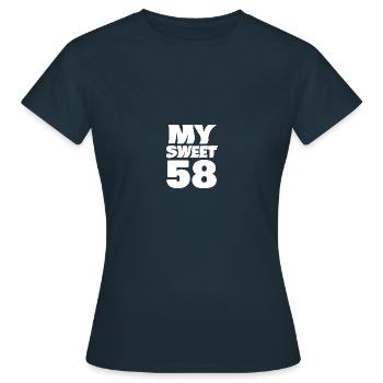 Age 58 - Women's T-Shirt - navy - Front - AI Model Female 172 dark (172cm)