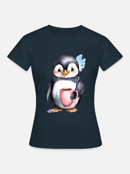 Pinguin mit Kaffee -Aquarellstil - Frauen T-Shirt - Navy