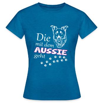 Die mit dem Aussie geht Australian Shepherd - Frauen T-Shirt - Antikblaues Saphir meliert - Vorne - AI Model Female 172 dark (172cm)