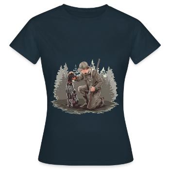 Jäger Mit Hund Im Wald Motiv - Frauen T-Shirt - Navy - Vorne - AI Model Female 172 dark (172cm)