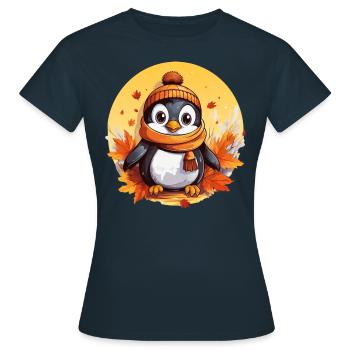 Pinguin im Herbst: Laub & Sonnenuntergang - Frauen T-Shirt - Navy - Vorne - AI Model Female 172 dark (172cm)