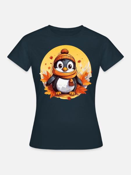 Pinguin im Herbst: Laub & Sonnenuntergang - Frauen T-Shirt - Navy