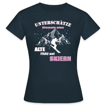 Skifahrerin, Alte Frau auf Skiern - Frauen T-Shirt - Navy - Vorne - AI Model Female 172 dark (172cm)