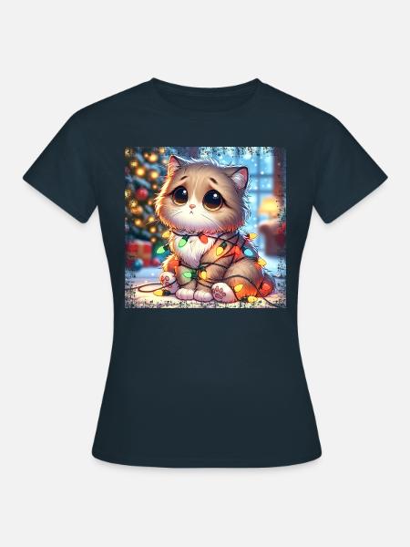 Süße Weihnachtskatze - Lichterketten-Chaos im - Frauen T-Shirt - Navy
