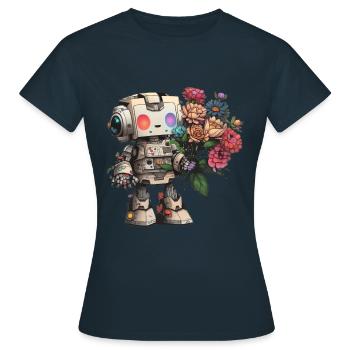 Roboter mit Blumenstrauß - Frauen T-Shirt - Navy - Vorne - AI Model Female 172 dark (172cm)