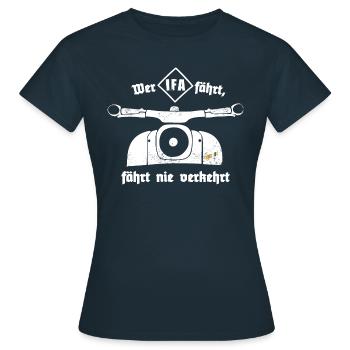 Schwalbe - Ostalgie - IFA - DDR - Moped - Frauen T-Shirt - Navy - Vorne - AI Model Female 172 dark (172cm)
