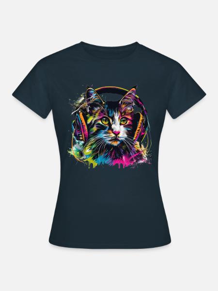 Katze mit großen Kopfhörern - Frauen T-Shirt - Navy