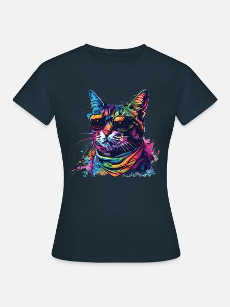 Regenbogen Graffiti Katze mit Sonnenbrille - Frauen T-Shirt - Navy