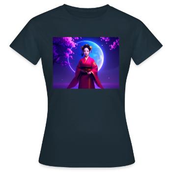 asiatin,geisha,japan, mond,sakura - Frauen T-Shirt - Navy - Vorne - AI Model Female 172 dark (172cm)