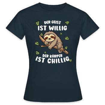 Faultier Lustiger Spruch: Der Geist ist willig - Frauen T-Shirt - Navy - Vorne - AI Model Female 172 dark (172cm)