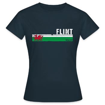 Entdecken Sie das Retro-inspirierte Stadtdesign von Flint Wales - Frauen T-Shirt - Navy - Vorne - AI Model Female 172 dark (172cm)