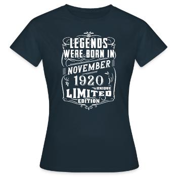 Geburtstag November 1920 Limited Edition Legende - Frauen T-Shirt - Navy - Vorne - AI Model Female 172 dark (172cm)