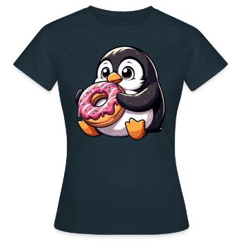 Cute penguin nibbles on donut comic - Women's T-Shirt - navy - Front - AI Model Female 172 dark (172cm)