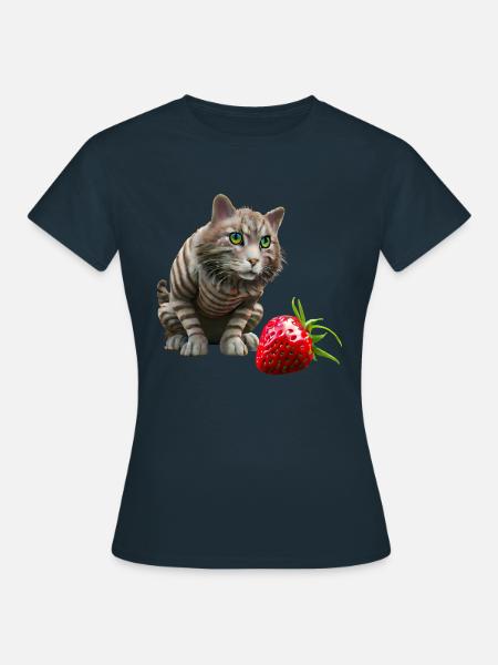 Katze vor riesiger Erdbeere - Frauen T-Shirt - Navy