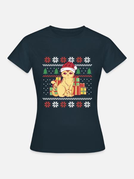 Santa Cat Tree December Holiday Ugly Christmas - Frauen T-Shirt - Navy