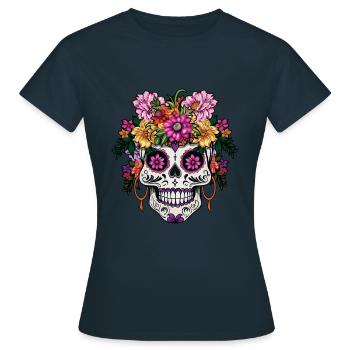 Skelet Dia De Los Muertos Halloween Blomster - Dame-T-shirt - marineblå - Foran - AI Model Female 172 dark (172cm)