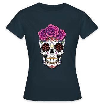 Rose Floral Muertos Tag Des Toten Halloween - Frauen T-Shirt - Navy - Vorne - AI Model Female 172 dark (172cm)